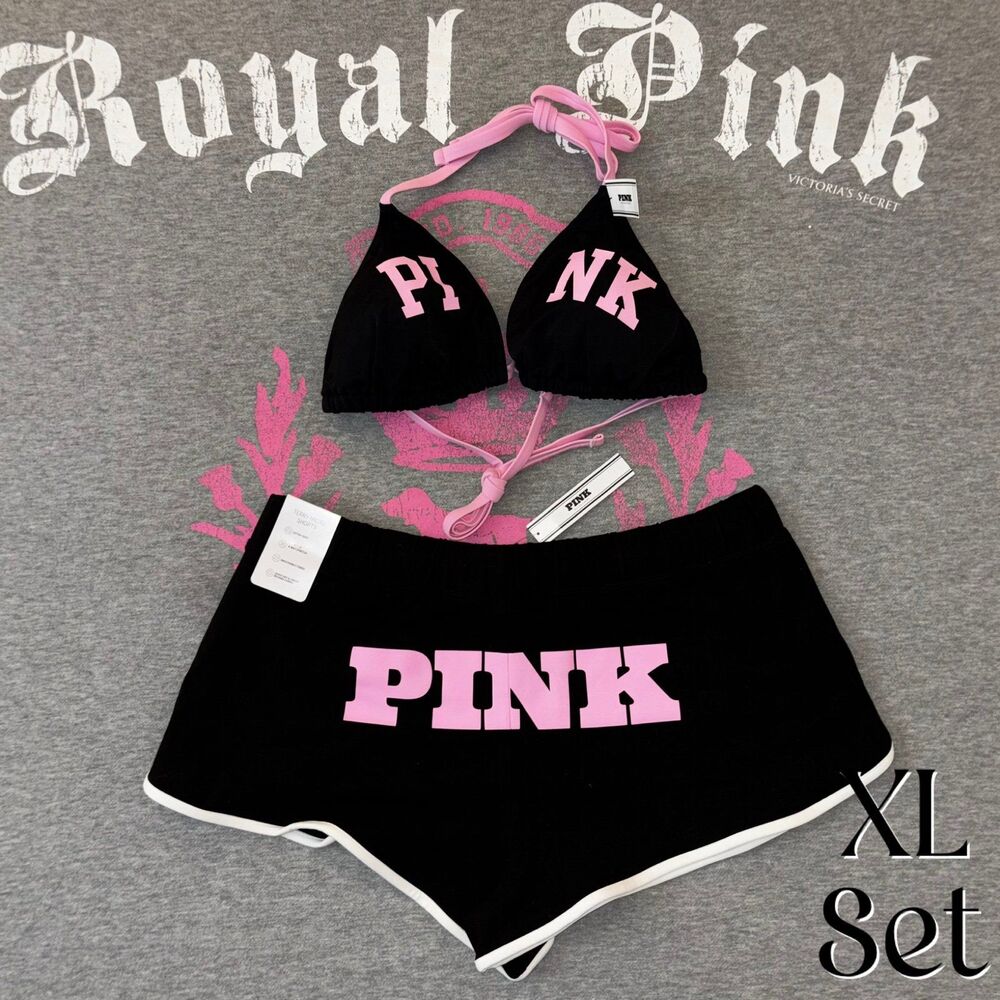 VS PINK Limited Edition Black & Pink String Bikini Top & Shorts Set Size XL